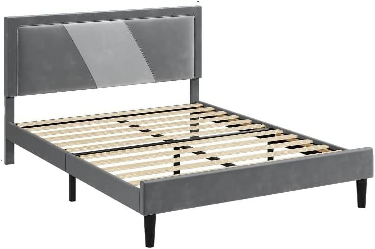 Wood Slat Support Bed Frame, with Adjustable Height Headboard Velvet
