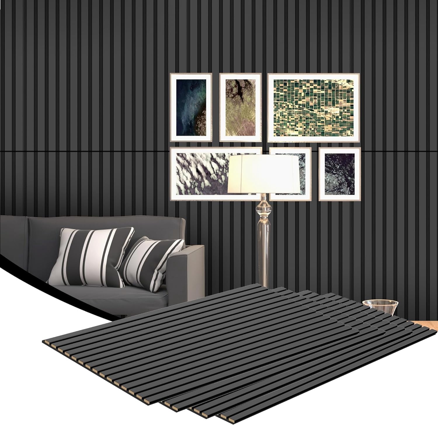INTIGE Wood Slat Soundproof Wall Panel 4 Pack, 48" x 24.5" PVC Wall Panels, 3D Sound Dampening Panels Wall Decoration, Black