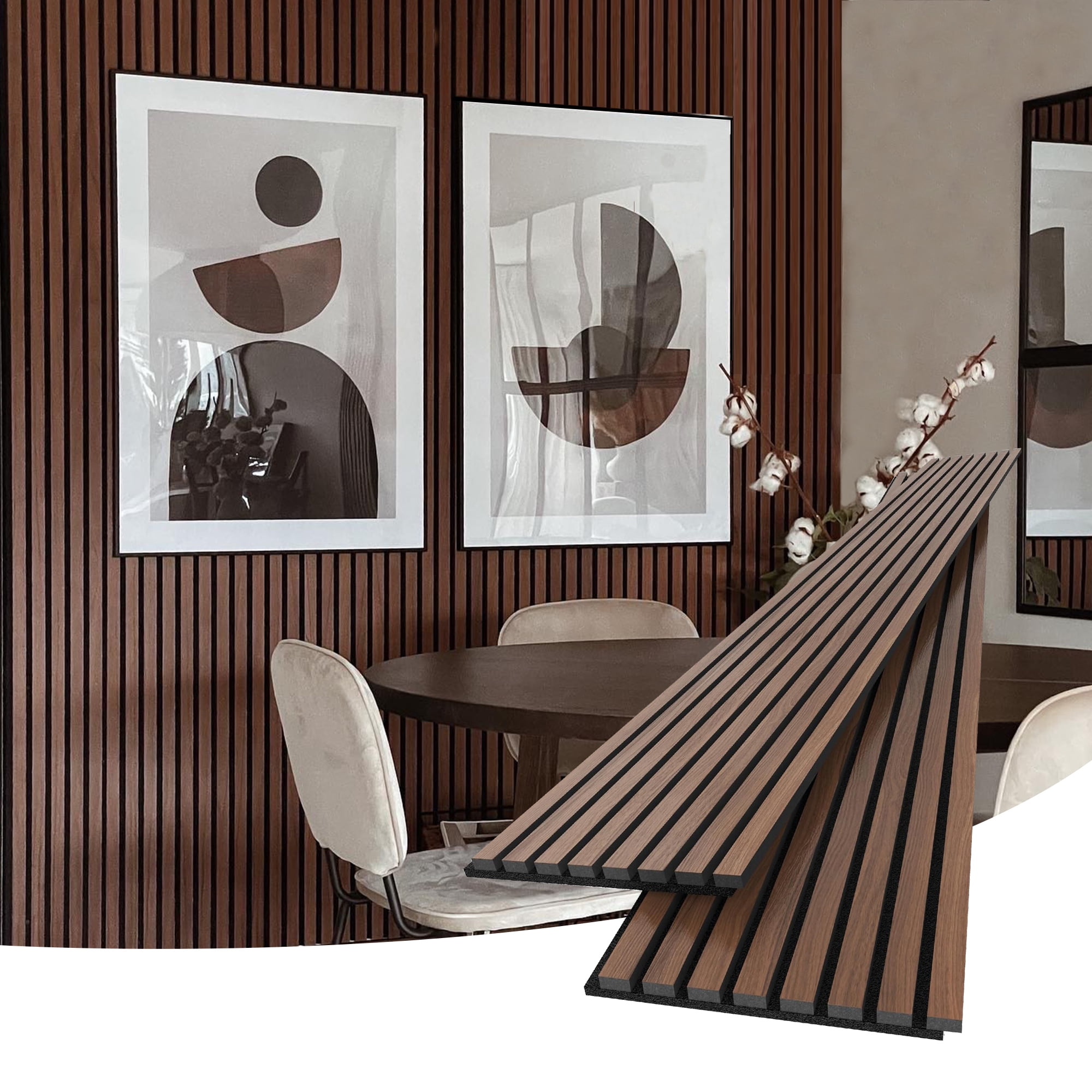 Walnut 3D Textured Acoustic Wood Slat Wall Panels, 94.5 x 12.6 Inch, 2 Pack