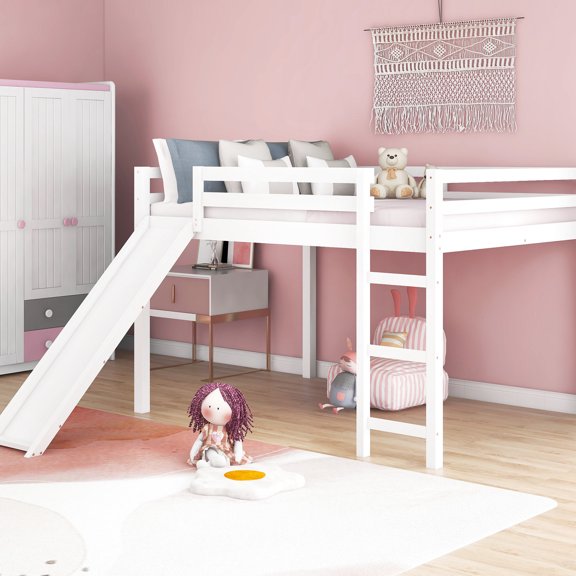 Wood Slats Support | Full Size White Loft Bed for Stable Rest, No Foundation Needed