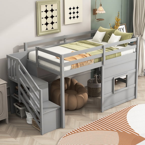 Wood Slats Support, No Box Spring - Gray Twin Loft Bed for Long - lasting Use