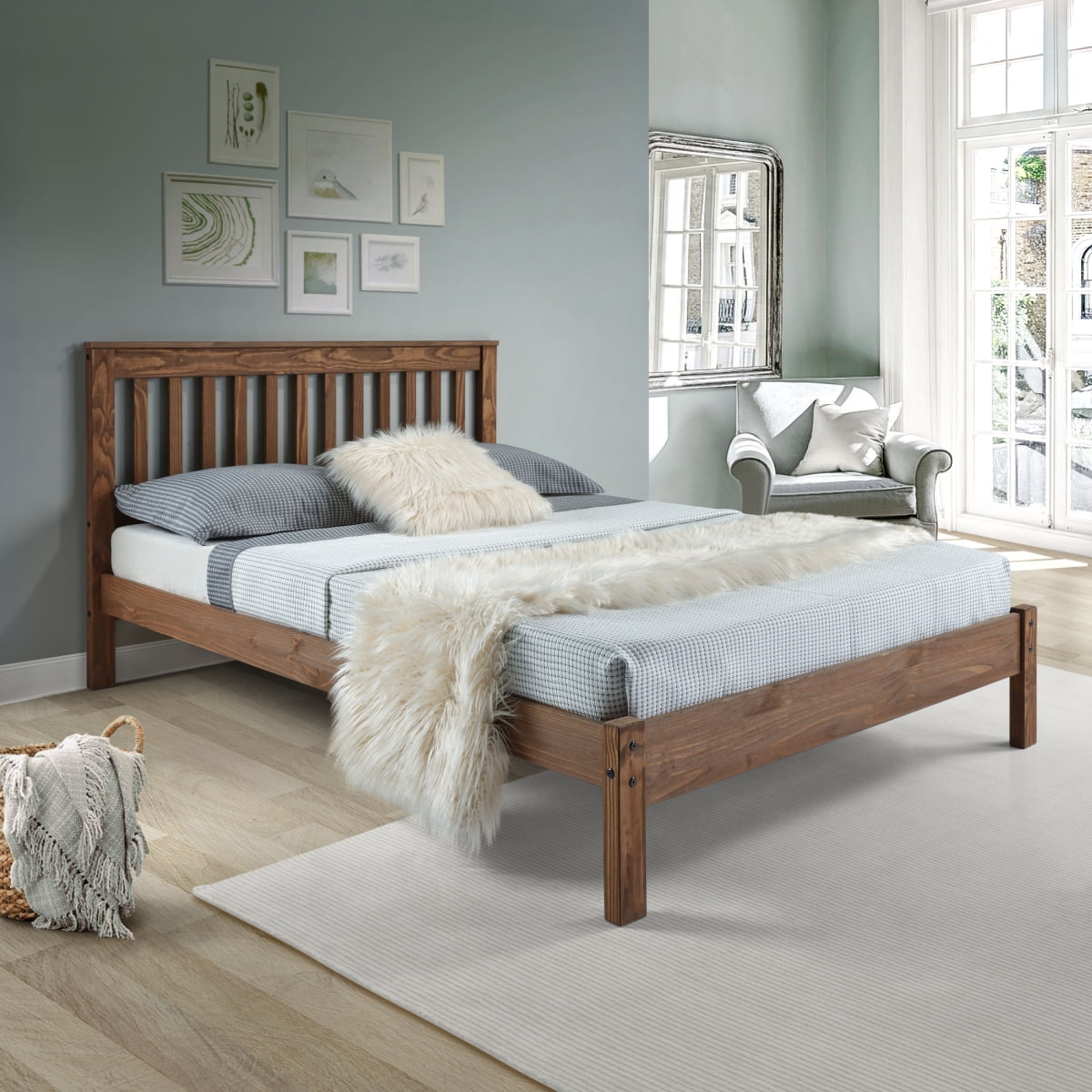 Mahogany Pine Wood Queen Bed Frame with Slatted Headboard