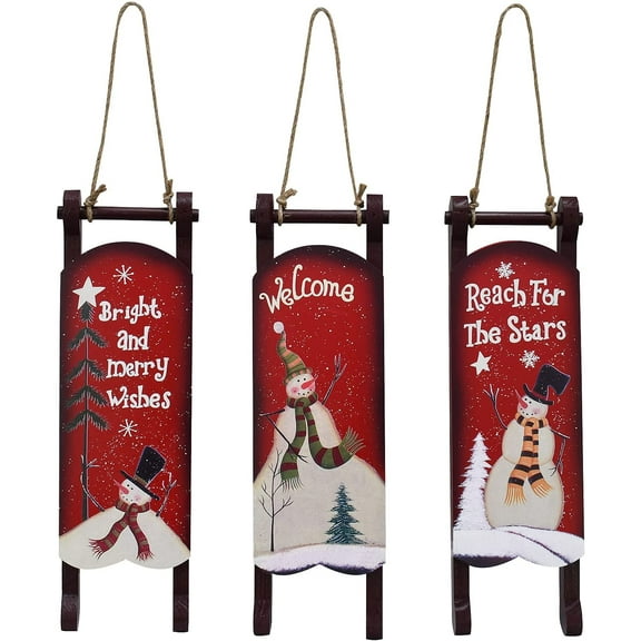 Wood Sleigh Decor Rustic Christmas Hanging Ornament Set of 3, Decorative Wooden Sled Snowman Pattern Hanging Christmas Sled Wall Art Decor Sled Door Hanging Decoration Holiday Decor Xmas Gift