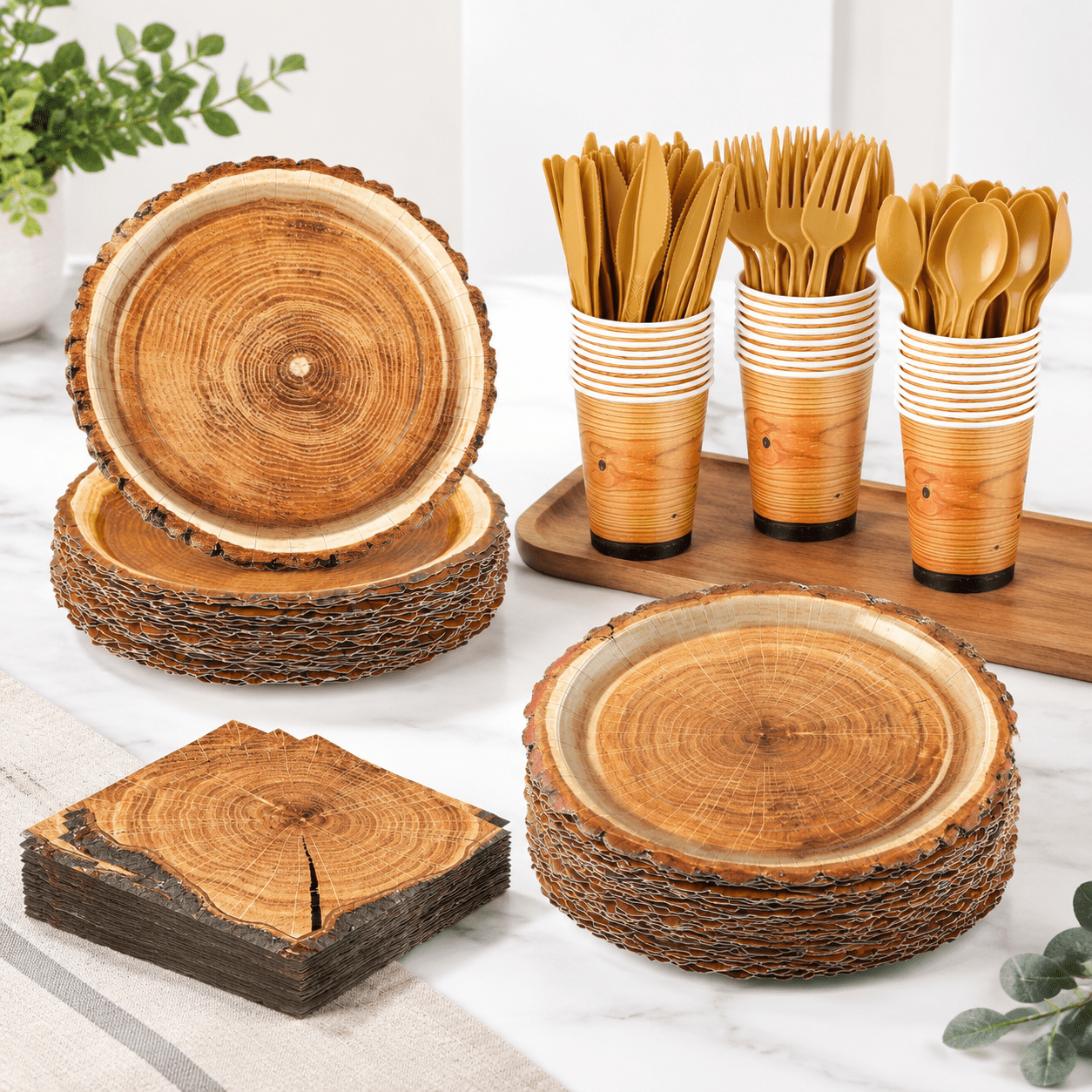 Wood Slice Tableware Set for 50 Guests, Rustic Plates Cups Napkins ...