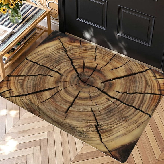 Wood Slice Tree Ring 2D Floor Mat, Rustic Front Porch Living Room Festival Entrance Area Rug, Thanksgiving Christmas Gift