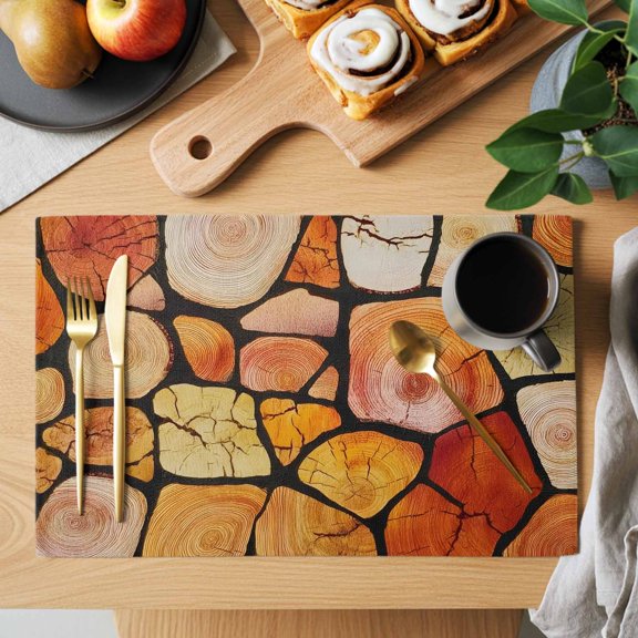 Wood Slices Placemats Set of 2, Rustic Cottagecore Orange Brown Logs Tree Rings Heat Insulated Linen Place Mats, Washable Stain-Proof Table Mats for Dining Tables Holiday Decor 13x19 Inches