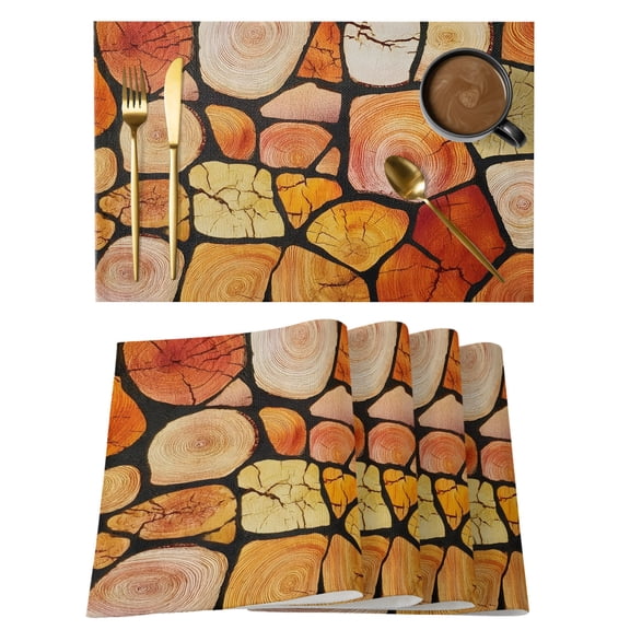 Wood Slices Placemats Set of 2, Rustic Cottagecore Orange Brown Logs Tree Rings Non-Slip Place Mats Washable Table Mats for Kitchen Dining Table Decorations Indoor/Outdoor