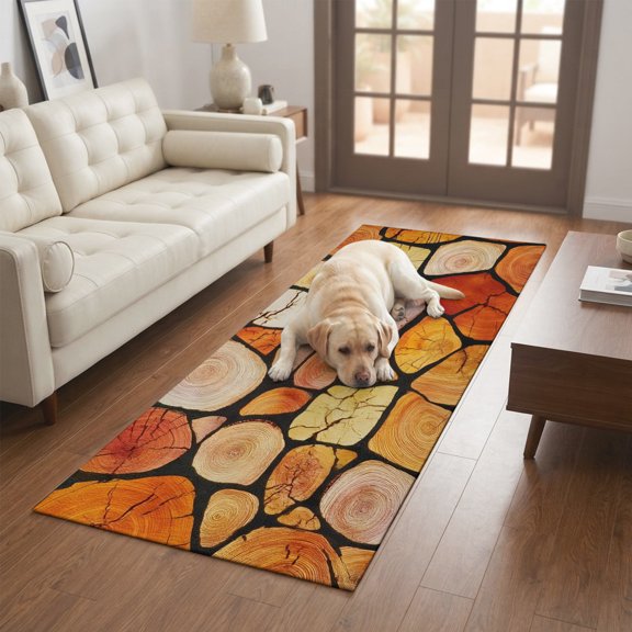 Wood Slices Runner Rug Non Slip 2x6 Rustic Cottagecore Orange Brown Logs Tree Rings Washable Rug Runner for Hallways Low Pile Kitchen Rugs Stain Resist Carpet for Bathroom Bedroom Entryway
