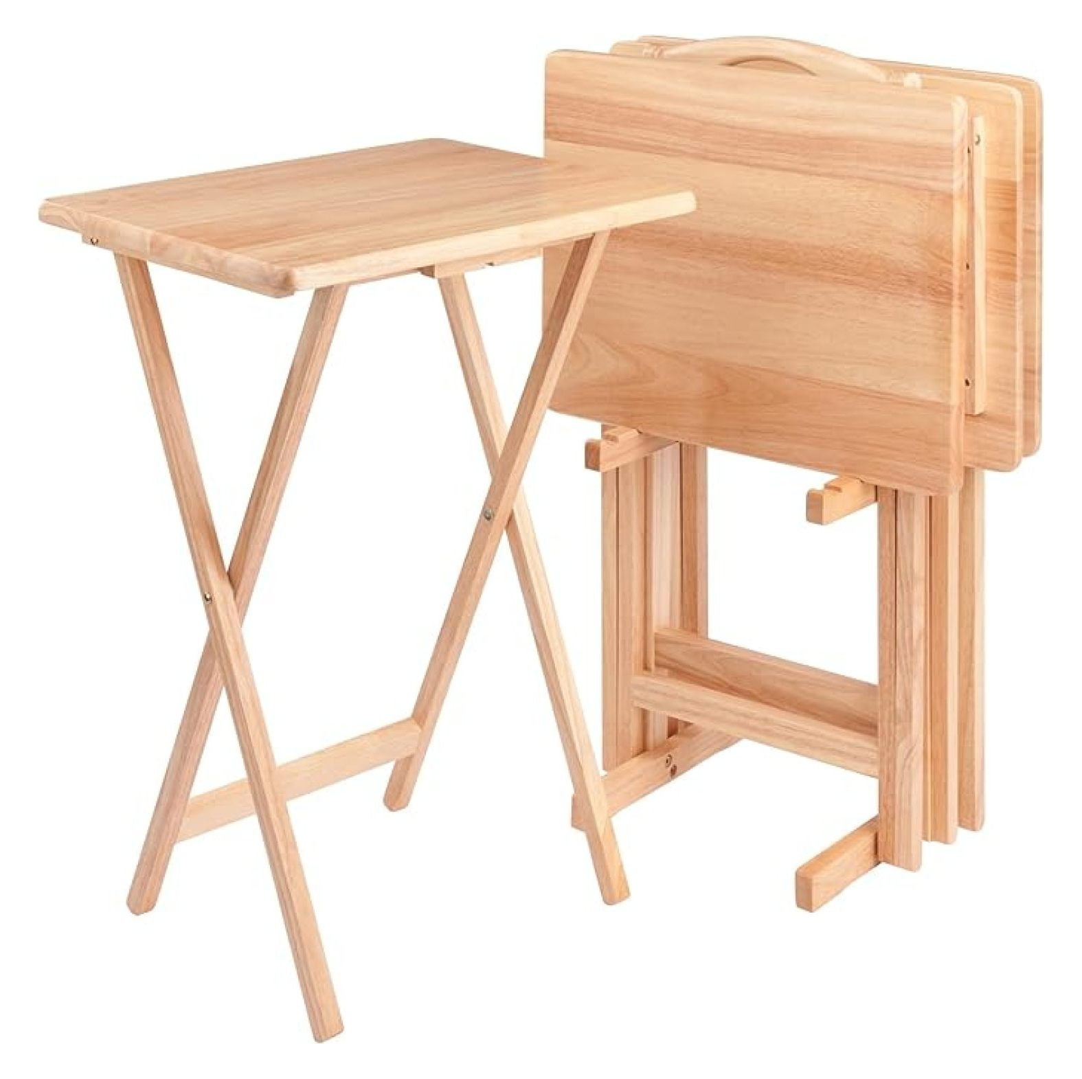 Wood Snack Table Set 5 Pcs Natural Finish, 25.98 inch Folding TV Tray ...