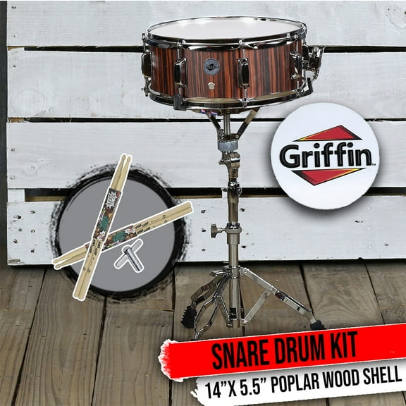 Wood Snare Drum Set by Griffin with Snare Stand, 4x Maple Drum Sticks, Drum Key