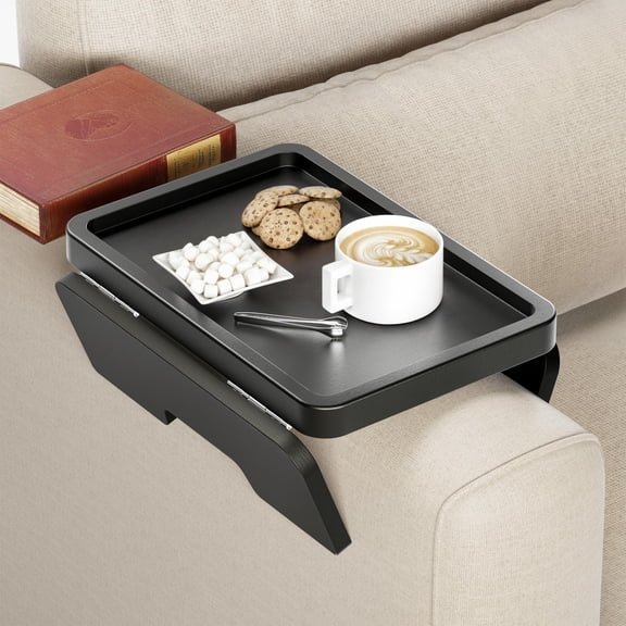 Wood Sofa Armrest Tray - 13.75 X 9.5in Double Hinge Arm Table Clip Couch Wooden Side Tables For Eating And Drink (black Color)