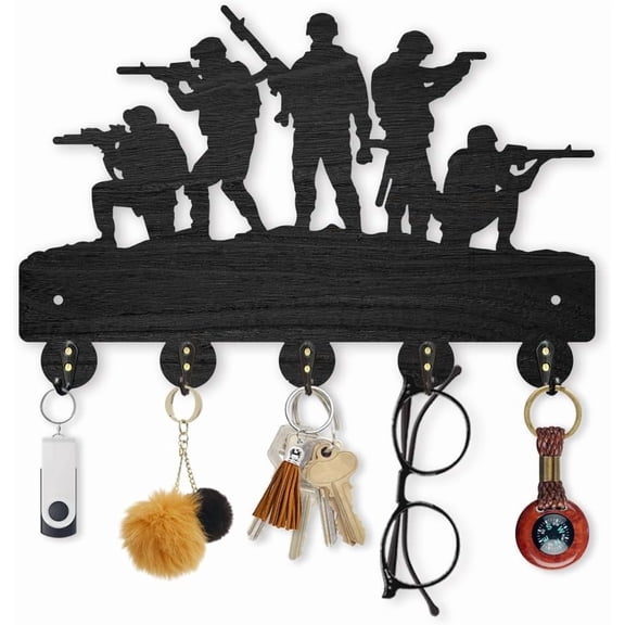 Wood Soldier Key Hook Wall Mounted Army Shooting Procession Key Holder for Wall 11.87.9inch Soldier Character Black Art Key Rack 5 Alloy Hooks