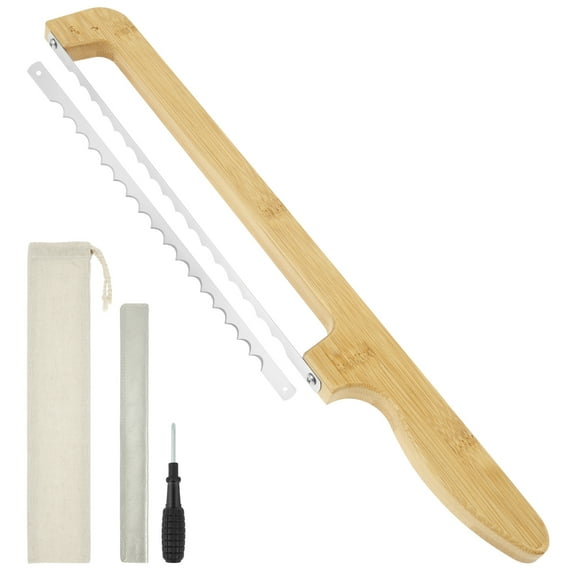 Wood Sourdough Bread Knife Slicer with Blade Protector and Storage Bag Serrated Bow Bread Knife with Ergonomic Handle for Even Slicing