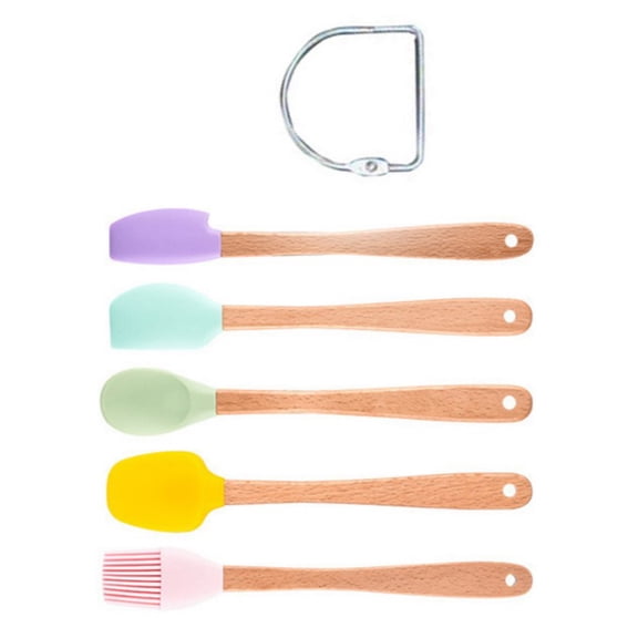 Wood Spatula Silicone Baking Utensils for Kids, Mini Multifunctional Children's Bakery Supplies Tool Set