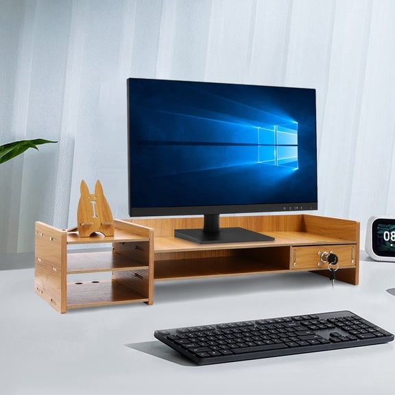 Wood Square Desk Organizer with Drawers Desktop Storage With Lock, Pen Holder
