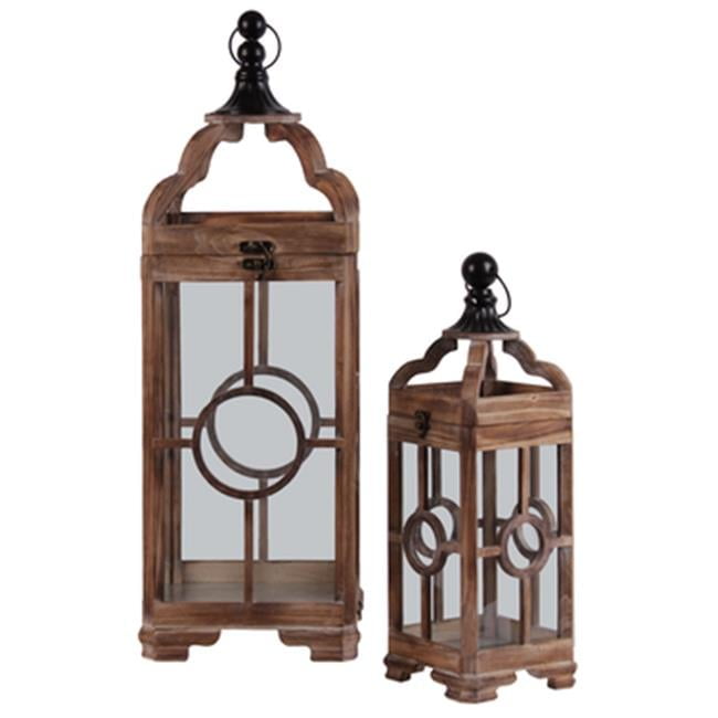 Natural Brown Wood Square Lantern Set with Metal Finial Top