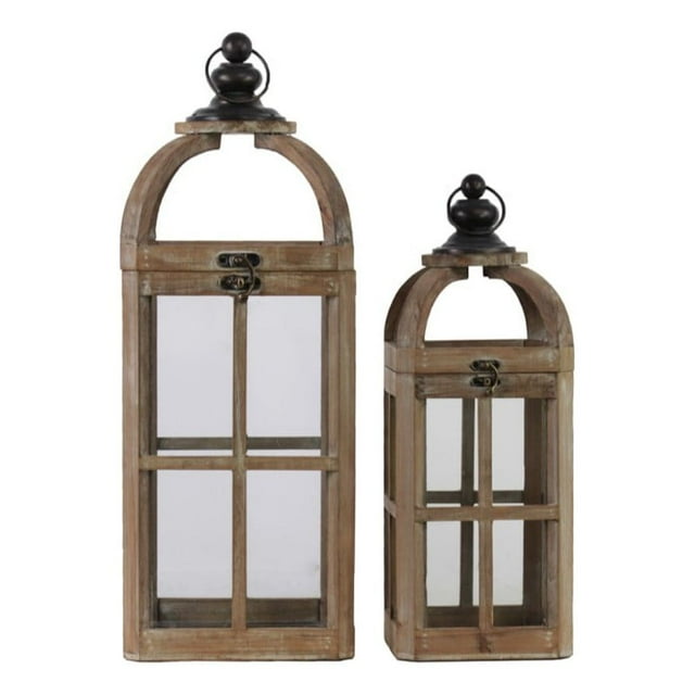 Wood Square Lantern with Ring Handle and Window Pane Design Body, Set of Two, Brown