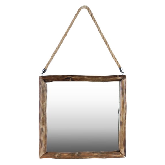 Wood Square Mirror With Rope Hanger Natural Wood Finish Brown