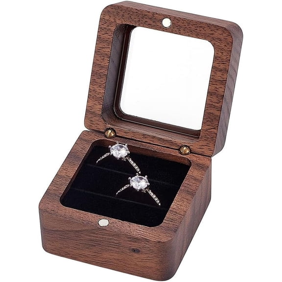 Wood Square Ring Box 2.17" Ring Bearer Box Wood Ring Storage Box Double Slot Ring Box with Clear Windows and Black Sponge Inside for Valentine Wedding Anniversary Engagement GiftsBlack