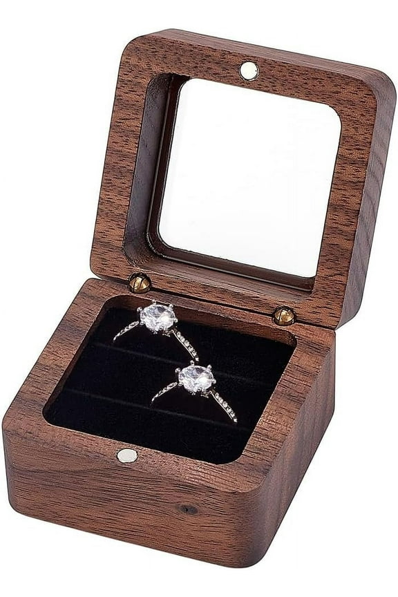 Wood Square Ring Box 2.17" Ring Bearer Box Wood Ring Storage Box Double Slot Ring Box with Clear Windows and Black Sponge Inside for Valentine Wedding Anniversary Engagement Gifts