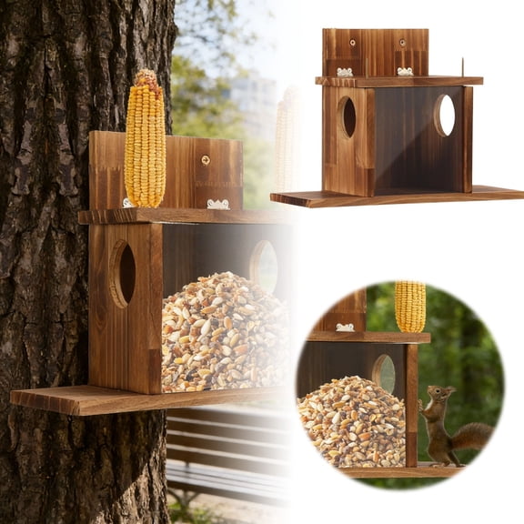 Wood Squirrel Feeder, Carbonized Wood Squirrel Feeders for Outside Winter, Durable Wooden Chipmunk Feeder Box for Corn Peanuts, Easy Fill Wild Feeder for Backyard Patio Balcony
