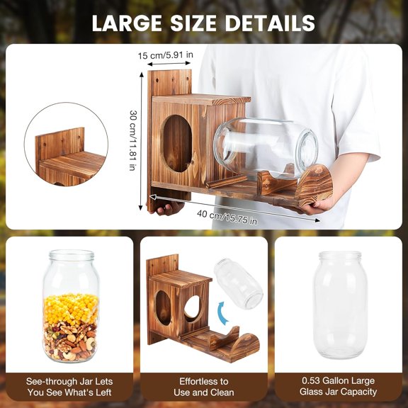 Wood Squirrel Feeder Large Size with Removable Storage Bottle for Outside Garden Tree
