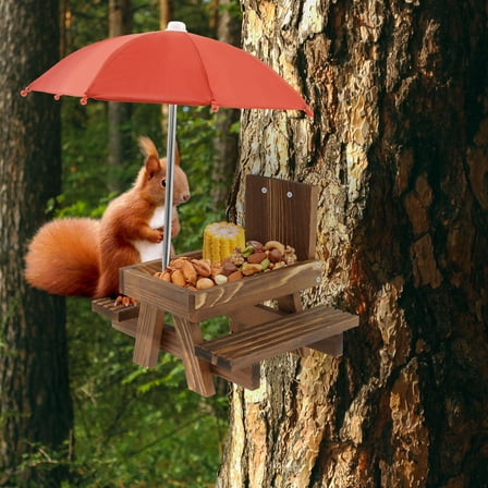 Wood Squirrel Feeder with Umbrella Sturdy Carbonized Wood Squrrill Feeder Table Squirrel Feeders with Corn Cob Holder Wooden Squirrel Feeder Table for Outside Chipmunk Feeder for Yard Porch