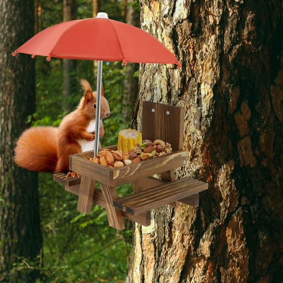 Wood Squirrel Feeder with Umbrella Sturdy Carbonized Wood Squrrill Feeder Table Squirrel Feeders with Corn Cob Holder Wooden Squirrel Feeder Table for Outside Chipmunk Feeder for Yard Porch