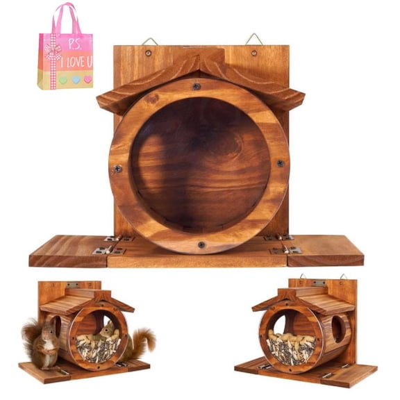 Wood Squirrel Feeder for Outdoor Winter - Lift-Up Lid Waterproof Durable, Large Capacity Feeding Station for Squirrels & Chipmunks Z