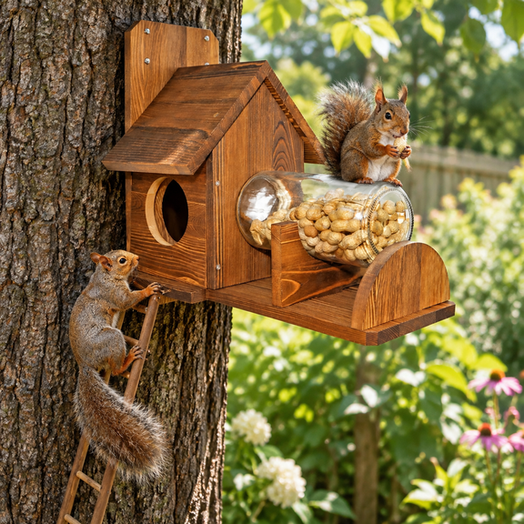 Wood Squirrel Feeder with Ladder, Glass Jar and Corn Holder for Outdoor Use