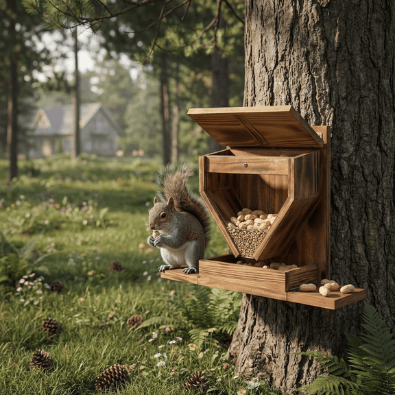 Wood Squirrel Feeder with Round Transparent Window and Ventilation Holes Sturdy Feeding Station for Outside Backyard Tree Mount and Yard Decor