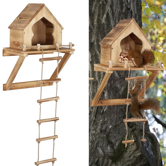 Wood Squirrel House, Squirrel Feeder for Outside with Ladder, Wall & Tree Mounted Weatherproof Outdoor Nesting Box for Squirrels & Chipmunks