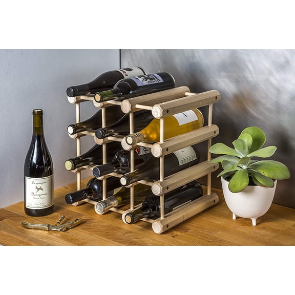 Wood Stackable Modular Wine Rack Storage Holder with Natural Pins, 12 Bottle, Ash
