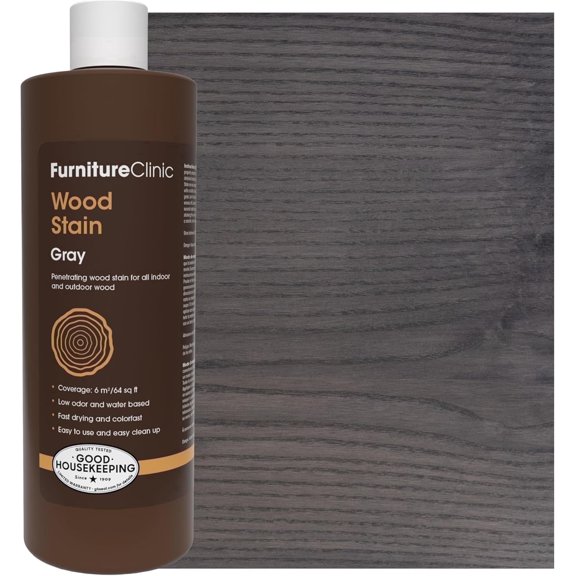 Furniture Clinic Wood Stain | Grey | Water Based | Fast Drying, Low Odor, & Non-Toxic | for Indoor & Outdoor Furniture and More | Multiple Finishes | (17oz / 500ml)