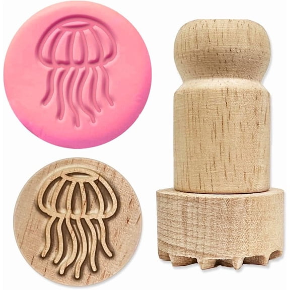 Wood Stamps with Handle 1.8x1 Inch Jellyfish Round Stamp Wooden Clay Stamp Round Wood Pottery Stamps for Card Making DIY Craft Letter Diary and Scrapbooking DIY