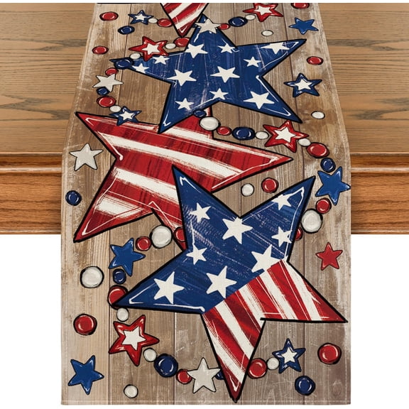 Wood Stars Beads America Patriotic 4th of July Table Runner, Memorial Day Kitchen Dining Table Decoration for Home Party Decor 13x48 Inch