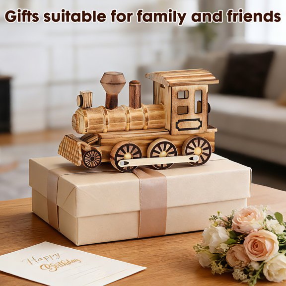 Wooden Steam Train Model Locomotive Steampunk Style Ornament for Home Decor and