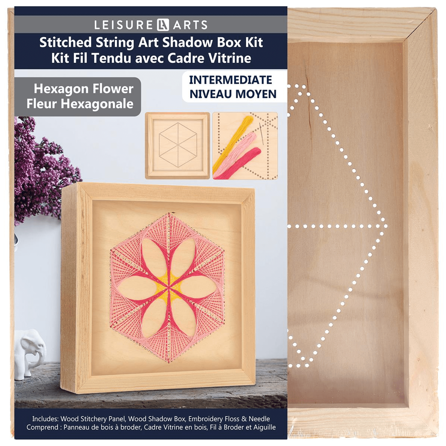 Wood Stitched String Art Kit with Hexagon Flower, wooden stitchery