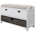 thumbnail image 1 of Wood Storage Bench with 1 Removable Basket and 2 Drawers, Fully Assembled Shoe Stool W/Removable Cushion for Hallway,Entryway,Bedroom,Living Room (White), 1 of 8