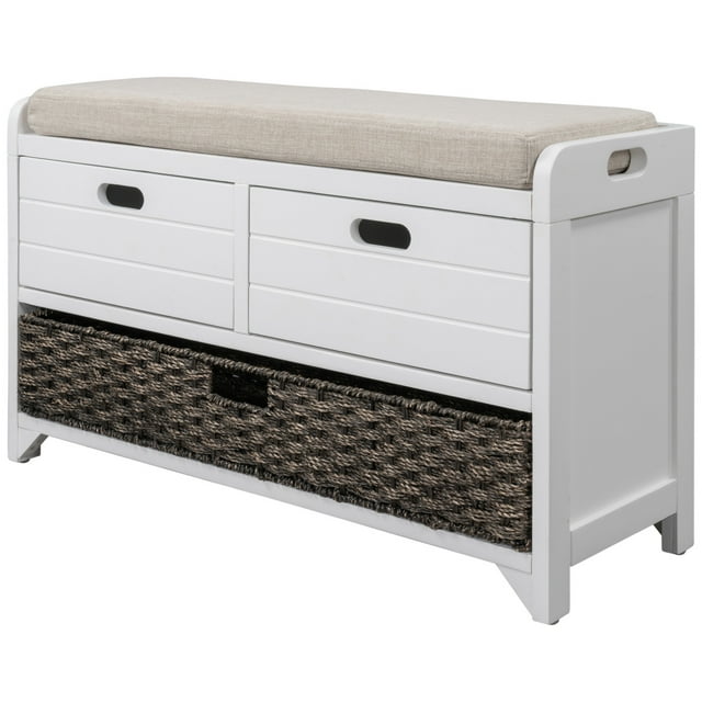 Wood Storage Bench with 1 Removable Basket and 2 Drawers, Fully Assembled Shoe Stool W/Removable Cushion for Hallway,Entryway,Bedroom,Living Room (White)