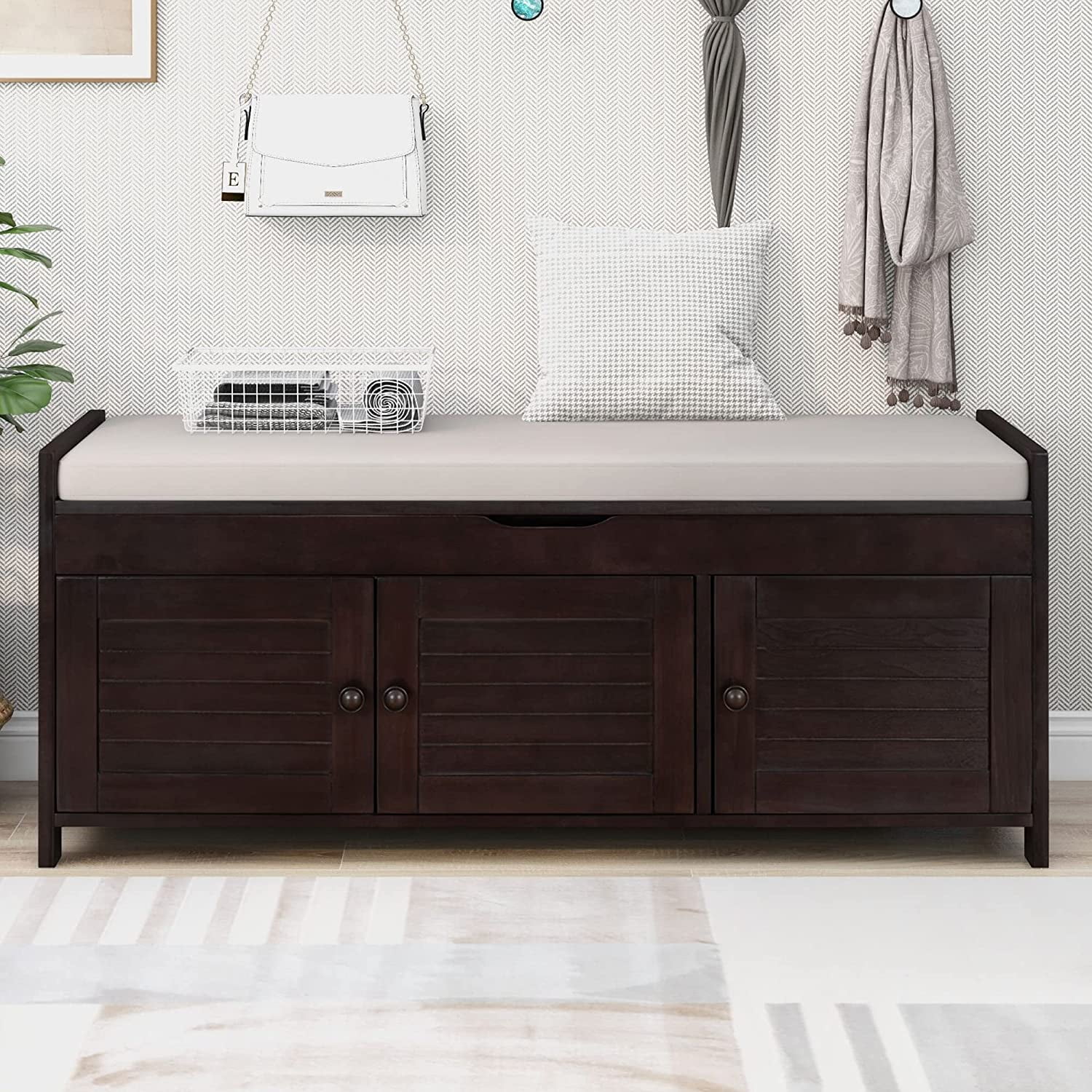 Wood Storage Bench with 3 ShutterShaped Doors, Shoe Bench with 2 Size