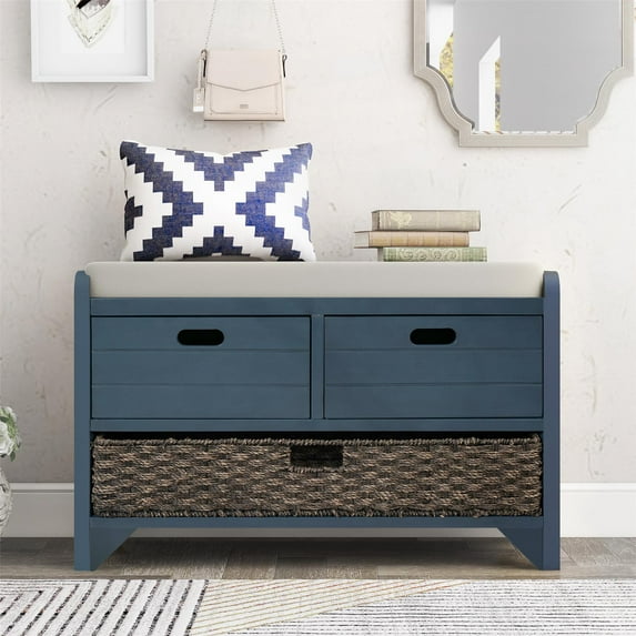 Wood Storage Bench with Cushion, Rustic Entryway Storage Bench with Removable Basket and 2 Drawers, Accent Shoe Storage Bench for Hallway Entryway Living Room, Fully Assembled, Navy