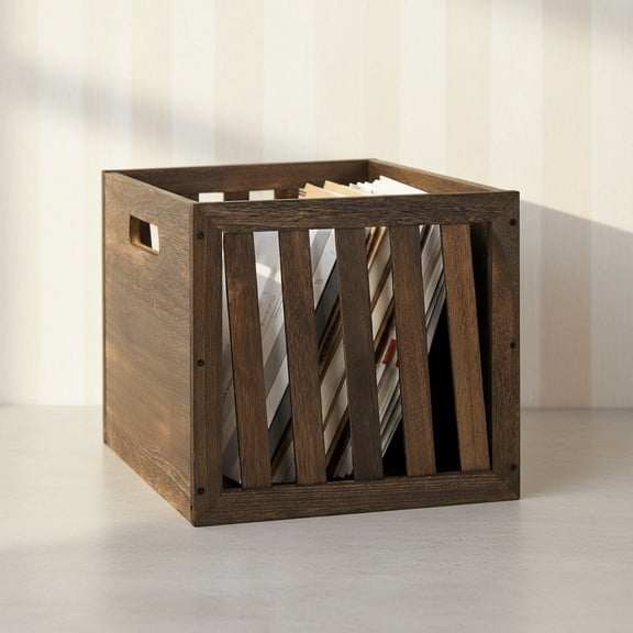 Wood Storage Bin Cube Wood Crate with Handles, Rustic Brown Decorative Box, Stackable Shelf Basket Books Organizer for Closet, Bookcase, Easy Assembly