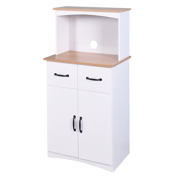 Wood Storage Cabinet, Microwave Cabinet with Storage Drawer, Adjustable Shelf, 2 Doors and Semi Circular Metal Handle, Freestanding Sideboard Console Table