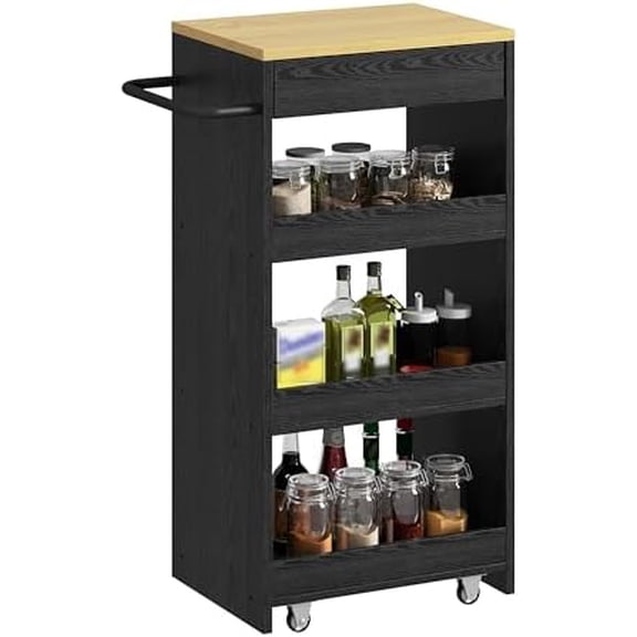 Wood Storage Cart 15.8" W, 4 Tier Rolling Kitchen Cart on Wheels, Slide Out Utility Cart, Organizer Trolley with Handle, Drawer for Kitchen, Laundry, Bathroom, Black$$Home Decor, Kitchen, & Other