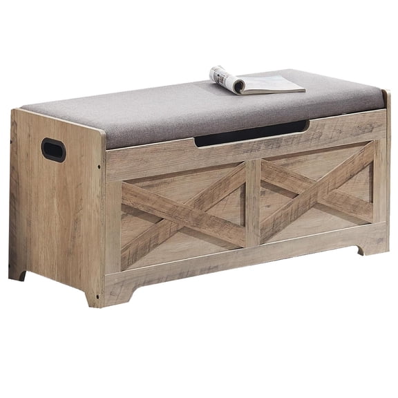 Wood Storage Chest with 2 Safety Hinges, Flip Top Storage Trunk with Seat Cushion, Modern Storage Bench