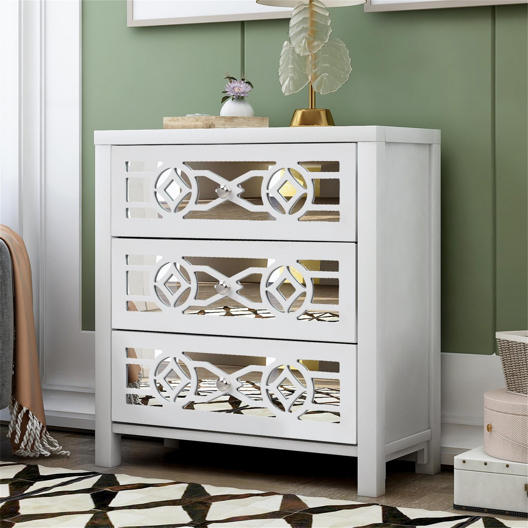 Wood Storage Chests Accent Cabinet with 3 Drawers and Decorative Mirror Nightstand Chest with Wide Storage Space for Living Room Entryway Full Assembled Antique White Walmart