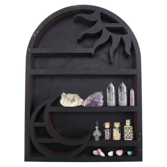 Wood Storage Shelf - Stylish and Practical Wall Shelf, Crescent Sun and Moon Crystal Shelf