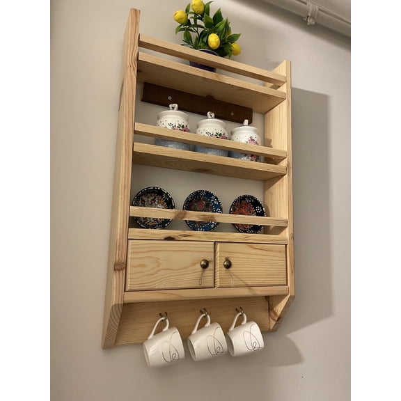 Wood Storage Shelf / spice rack wall mount, farmhouse kitchen organization, pantry storage, jar shelf, oil display, rustic tea coffee shelf