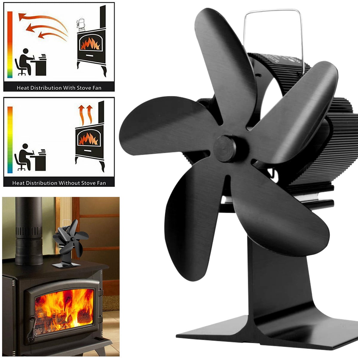 Wood Stove Fan Heat Powered, 5 Blades Fireplace Fan Eco Fan for Home Wood  Log Burner Fireplace, Black